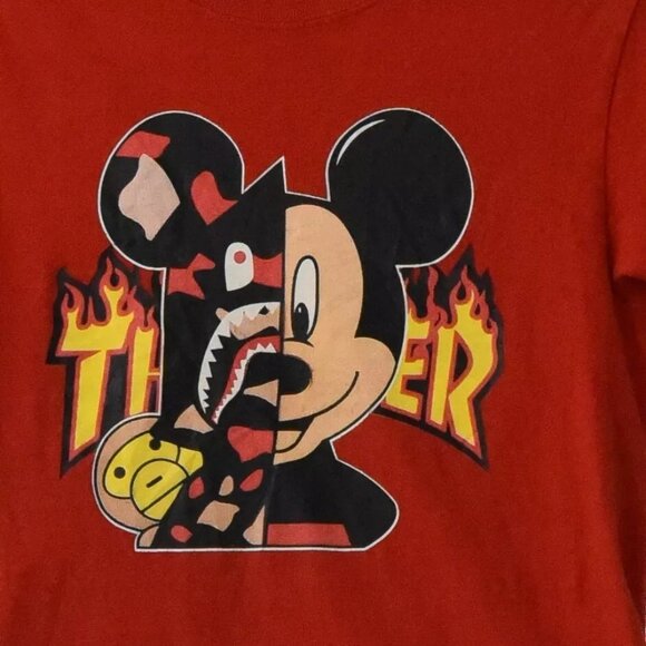 Mens Red T-Shirt Micket Mouse Print Cotton Round Neck Short Sleeve Size M - Picture 4 of 4